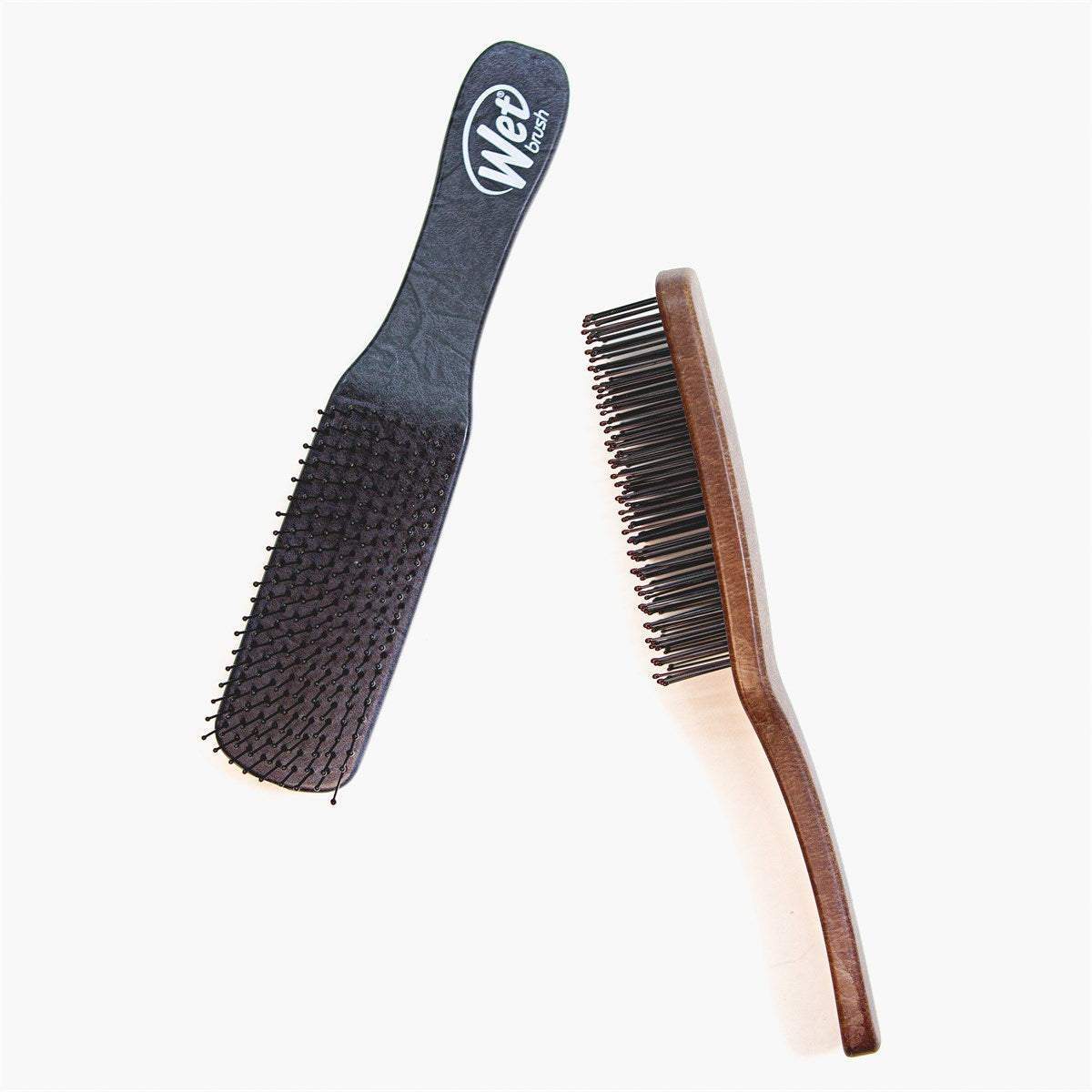 Wet Brush black paddled detangling hairbrush with flexible bristles and brown wooden hairbrush with natural bristles