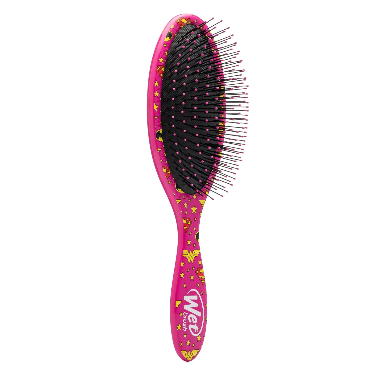 Wet Brush Justice League detangler brush with a pink design featuring superhero patterns