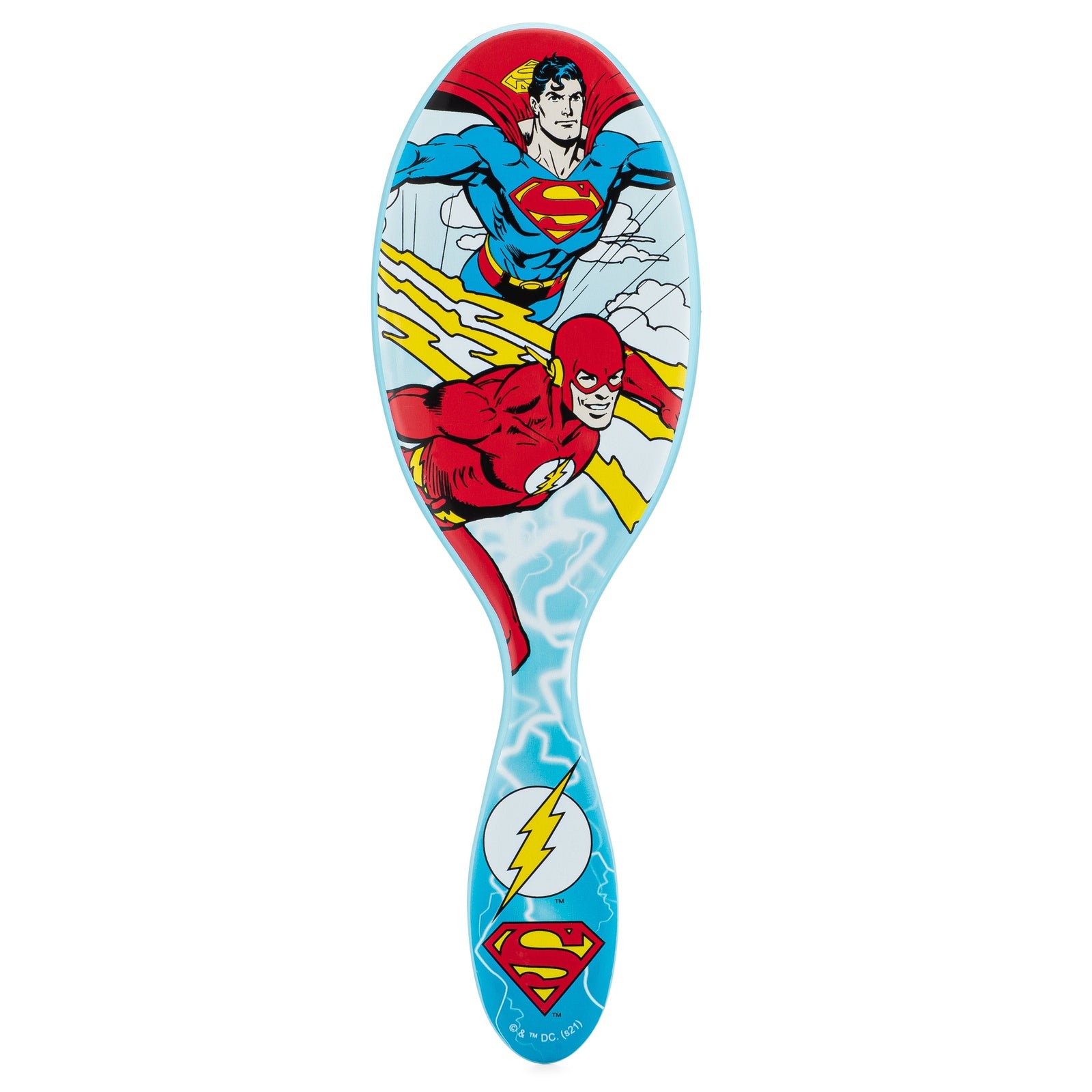 Justice League detangler brush featuring Superman and The Flash in a colorful design for effortless styling