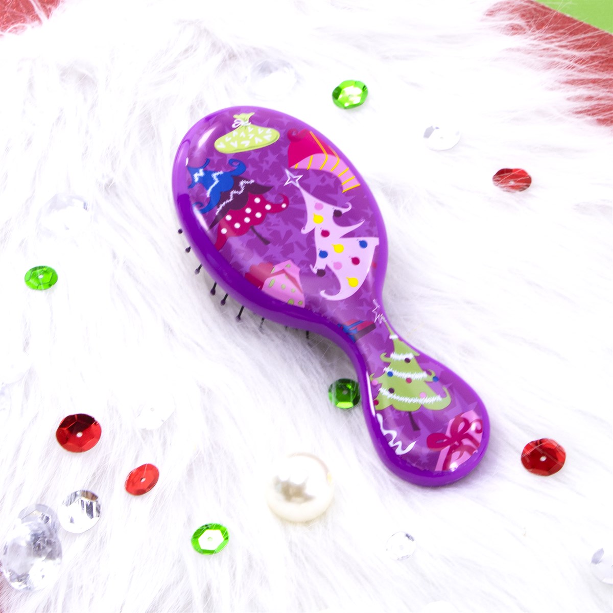 Wet Brush Mini Christmas Detangler in Purple with Colorful Holiday Designs for Easy Hair Styling
