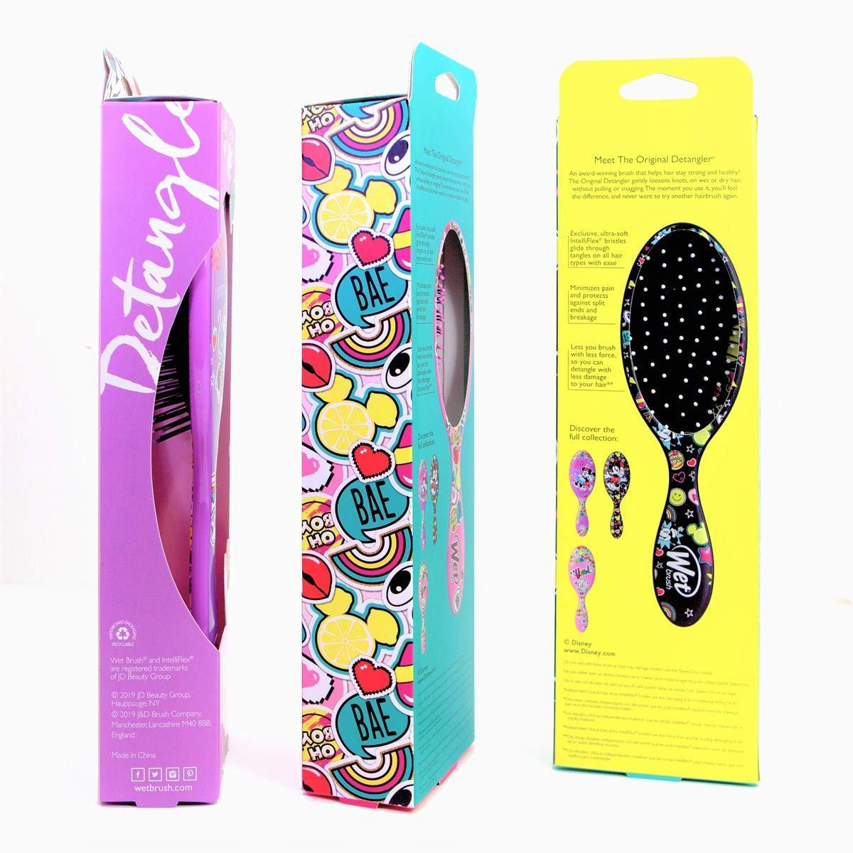 Minnie Mouse hair brush by Wet Brush in colorful packaging shown from three angles