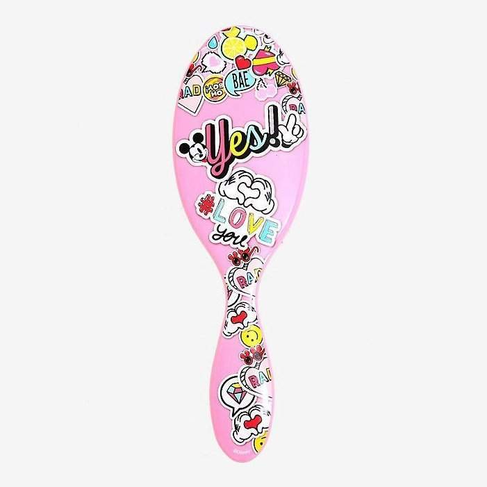 Minnie Mouse hair brush by Wet Brush in pink with colorful graphic icons and text designs