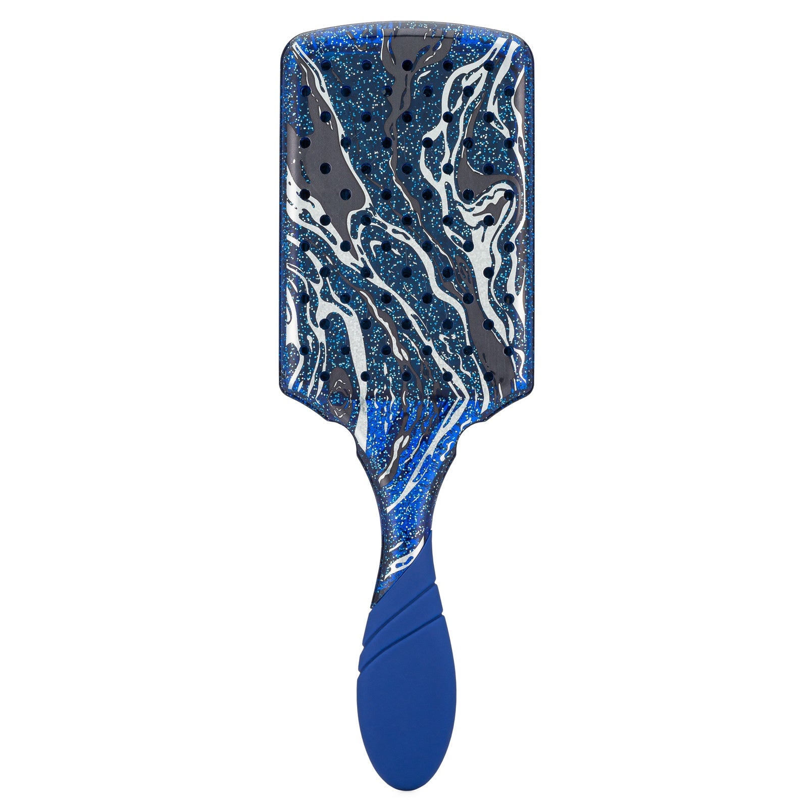 Wet Brush Pro Paddle Detangler in blue with black and white marbled design and comfortable grip handle
