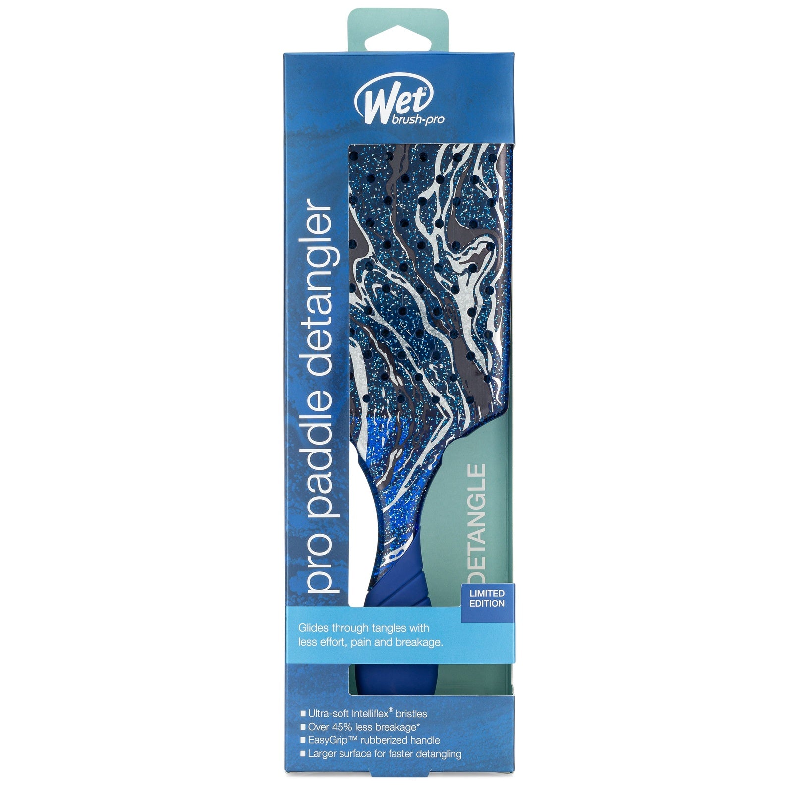 Wet Brush Pro Paddle Detangler in blue with marbled design in original packaging