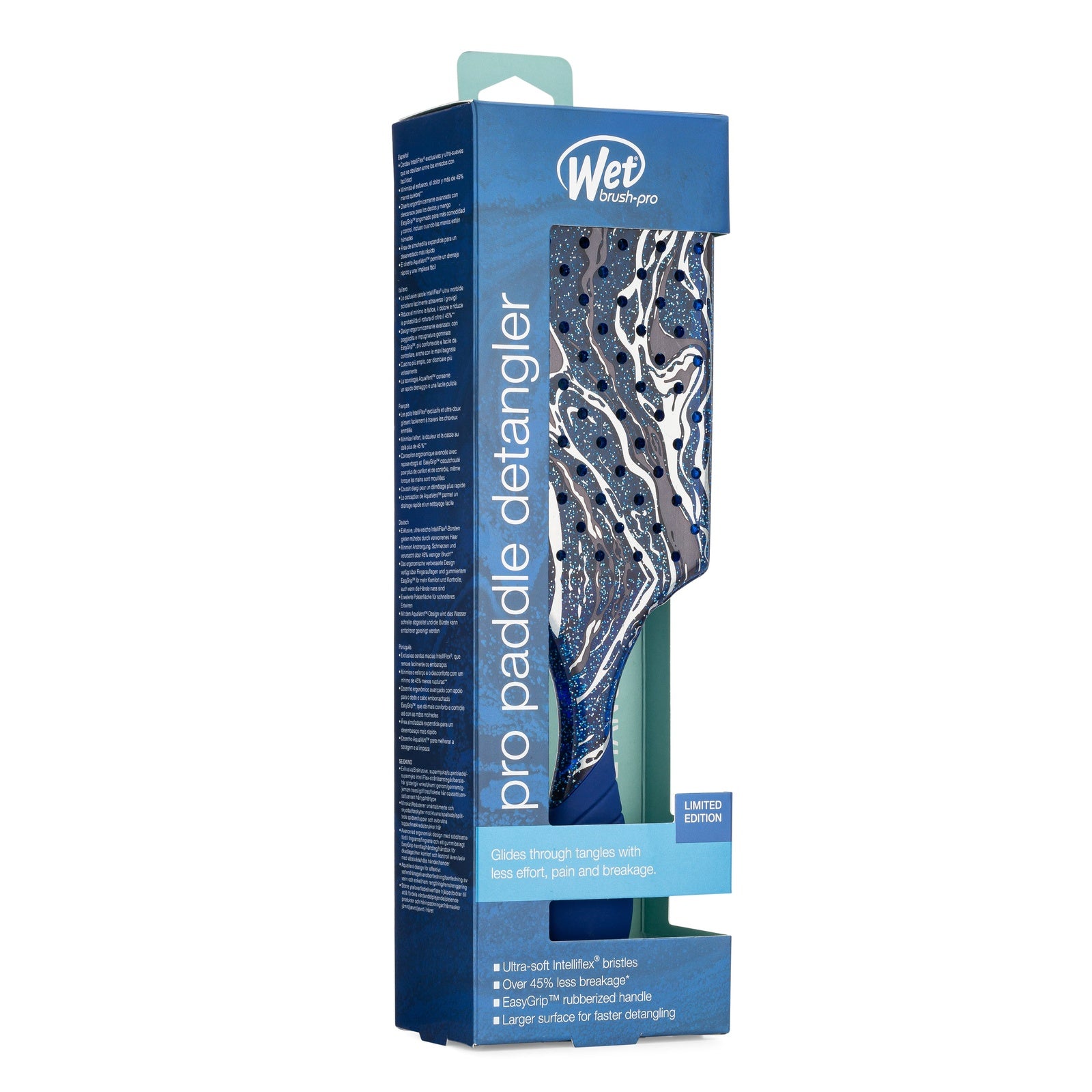 Wet Brush Pro Paddle Detangler in blue packaging with marbled design and ultra-soft bristles