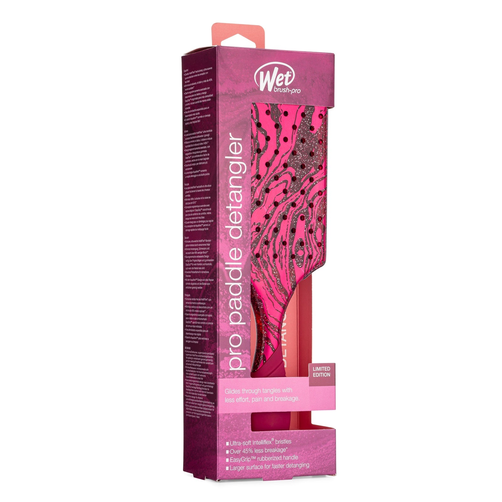 Wet Brush Pro Paddle Detangler in pink with black design in retail packaging for easy detangling