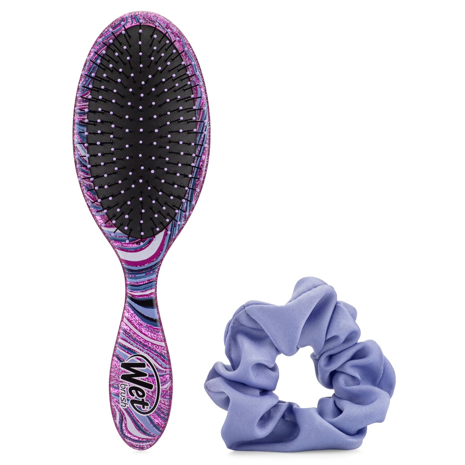 Wet Brush Swirl Style detangler kit with swirl-patterned hairbrush and purple scrunchie