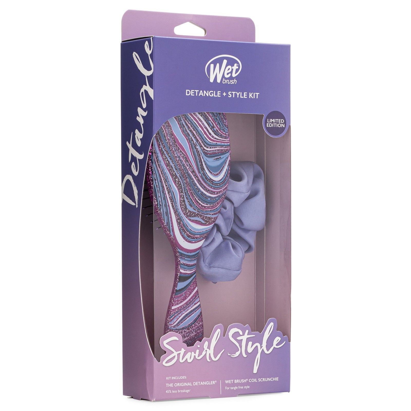 Wet Brush Swirl Style detangler kit with colorful swirl pattern hairbrush and purple coil scrunchie in box