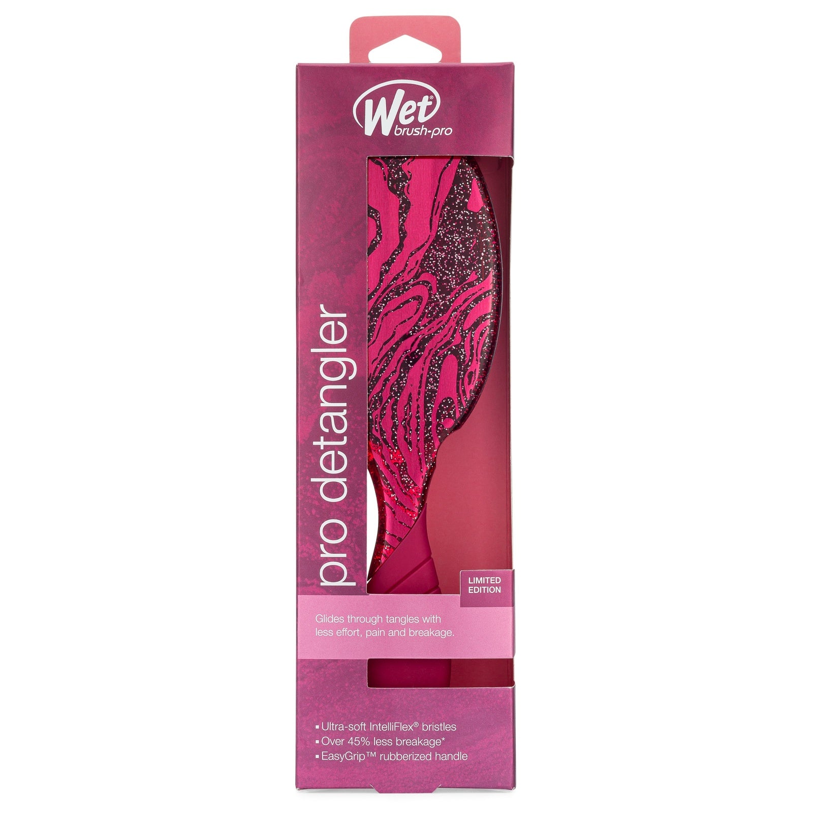 Wet Brush pro detangler with sparkle finish detangling brush in pink and black packaging