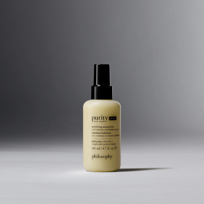 Philosophy purity oil-free mattifying moisturizer in a pump bottle for clear matte skin