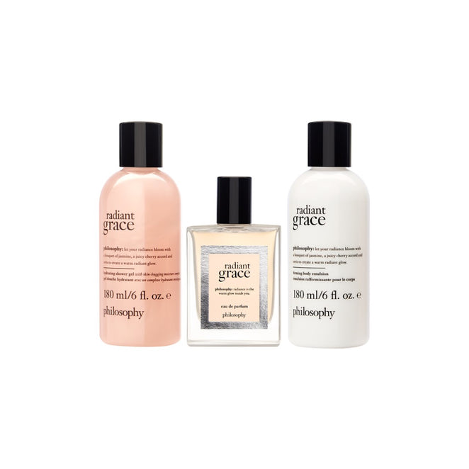 Philosophy Radiant Grace gift set with shower gel, eau de parfum, and body lotion bottles