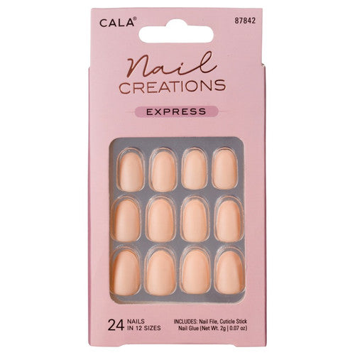 Cala press on nails set with 24 nude-colored nails in 12 sizes and nail glue included