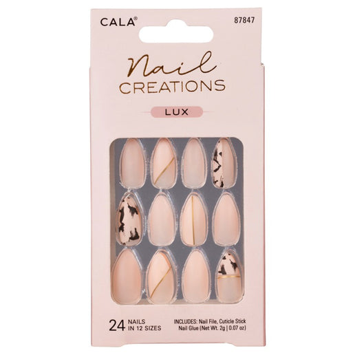 Cala press on nails Nail Creations Lux set with 24 nude and black marble design nails in various sizes