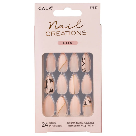 Cala press on nails Nail Creations Lux set with 24 nude and black marble design nails in various sizes