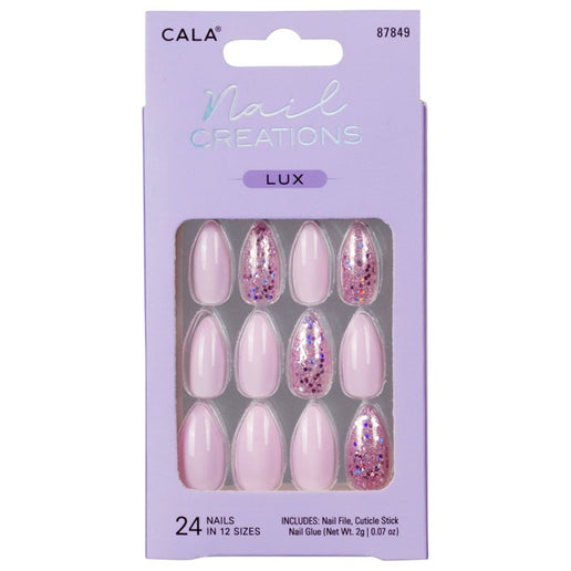Cala press on nails set featuring 24 pink and glitter accent nails with nail file and glue included