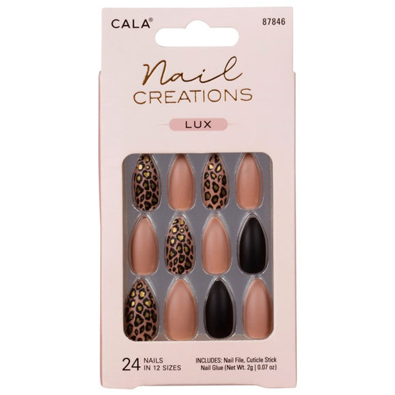 Cala press on nails pack featuring leopard print, nude, and black designs in multiple sizes