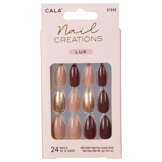Cala press on nails Nail Creations Lux set with 24 glossy almond-shaped nails in nude, burgundy, and gold colors