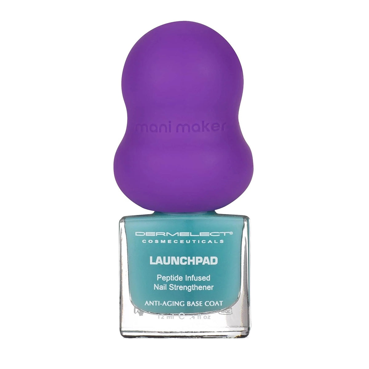 Dermelect Mani Maker base coat Launchpad teal anti aging nail strengthener bottle with purple ergonomic cap