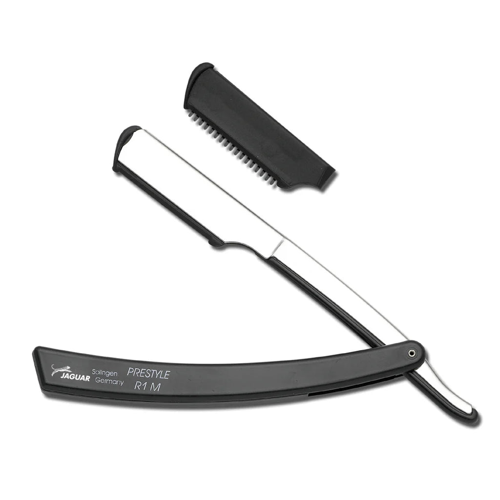 Jaguar R1M black razor folding straight razor with stainless steel blade and protective comb guard for precise shaving