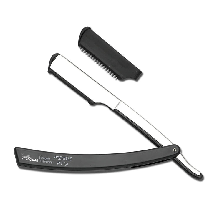 Jaguar R1M black razor folding straight razor with stainless steel blade and protective comb guard for precise shaving