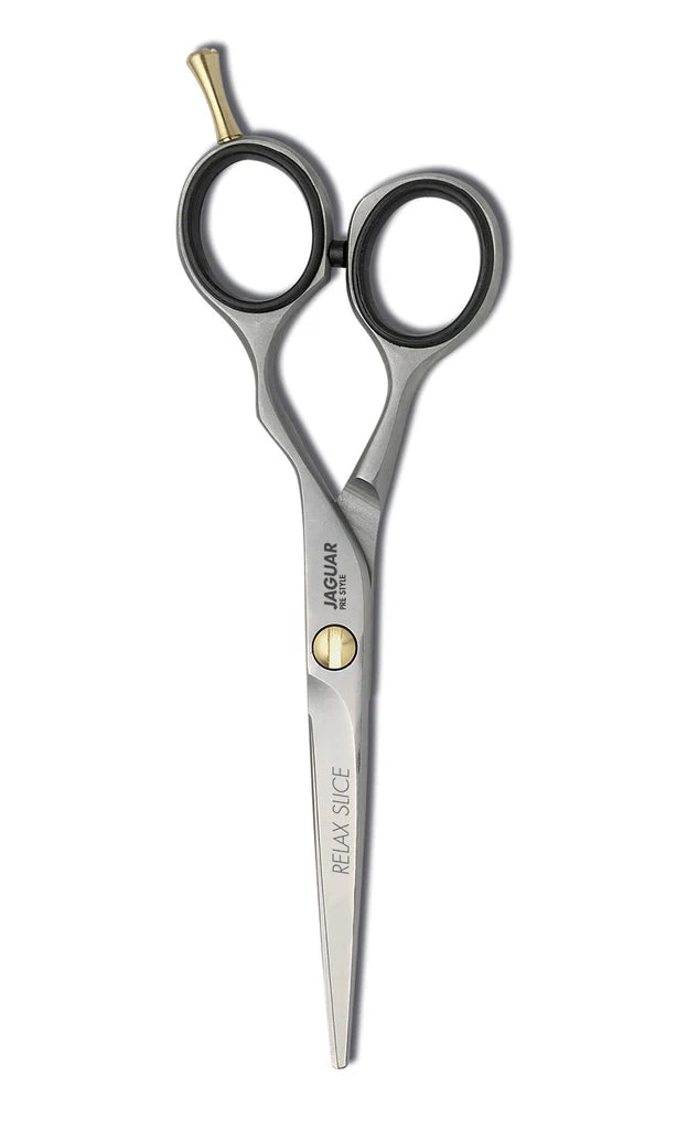 Jaguar Pre Style Relax Slice 5.5 inch scissors silver hairdressing shears with black rings and gold finger rest