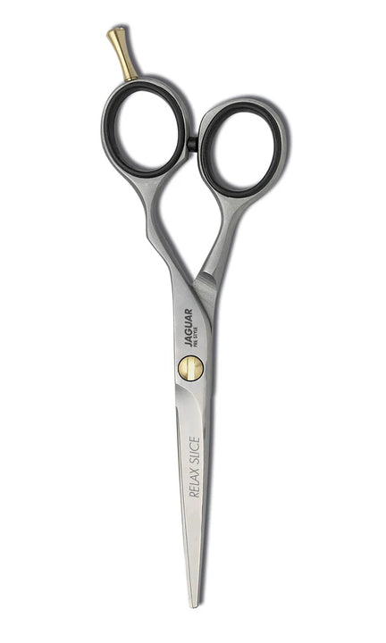 Jaguar Pre Style Relax Slice 5.5 inch scissors silver hairdressing shears with black rings and gold finger rest