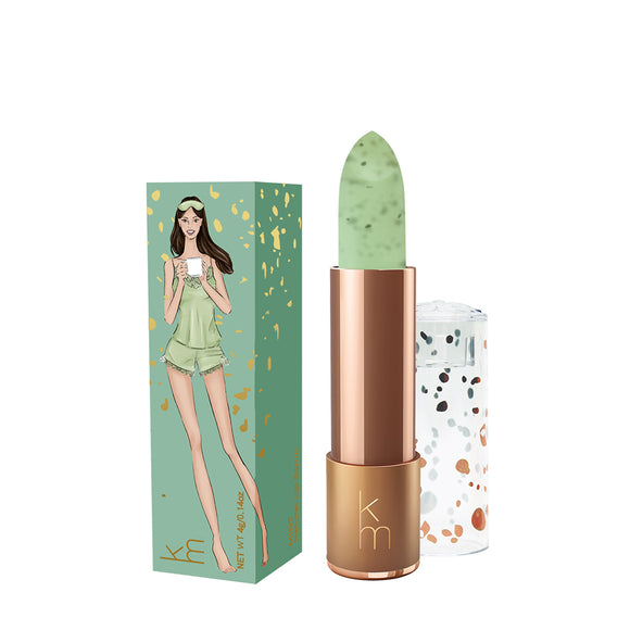Karen Murrell mint green lipstick style natural lip scrub with speckled balm rose gold tube and illustrated box
