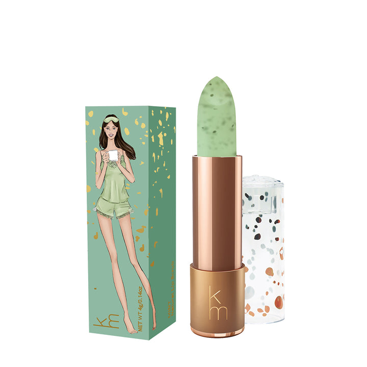 Karen Murrell mint green lipstick style natural lip scrub with speckled balm rose gold tube and illustrated box
