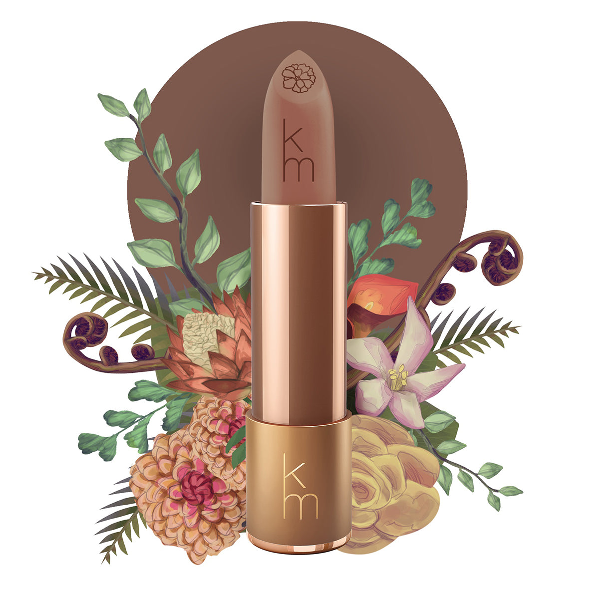 Karen Murrell natural lipstick nude brown shade in rose gold tube with KM logo and floral botanical background