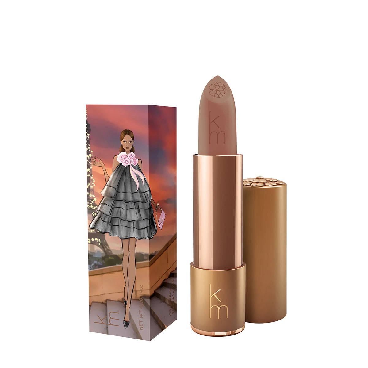 Karen Murrell natural lipstick nude brown shade in rose gold tube with embossed km logo and illustrated box