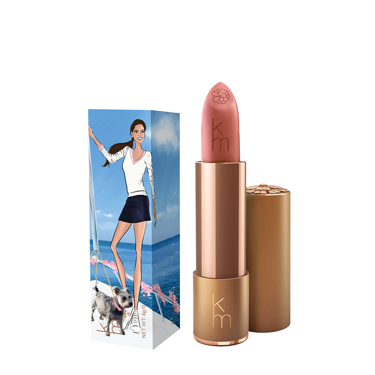 Karen Murrell natural lipstick pink rose shade in gold tube with illustrated seaside box packaging