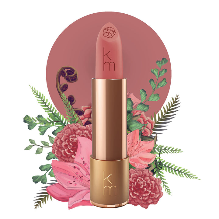 Karen Murrell natural lipstick pink nude bullet in gold case with floral illustration background showing shade