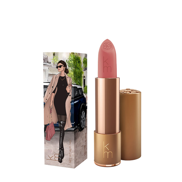 Rose mauve Karen Murrell natural lipstick. Gold tube with embossed logo and illustrated fashion woman box