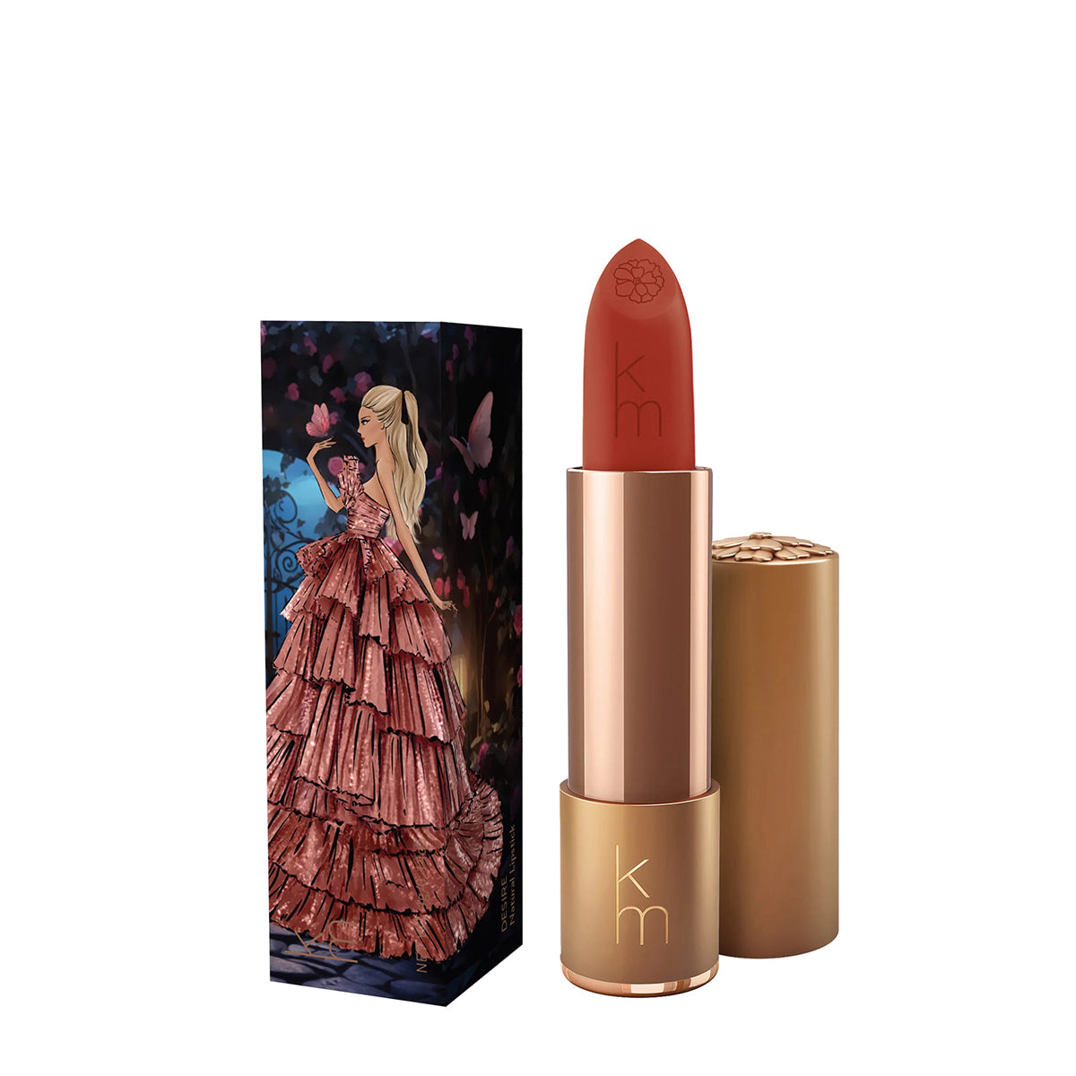 Karen Murrell natural lipstick in rose terracotta shade with gold tube embossed KM and illustrated box