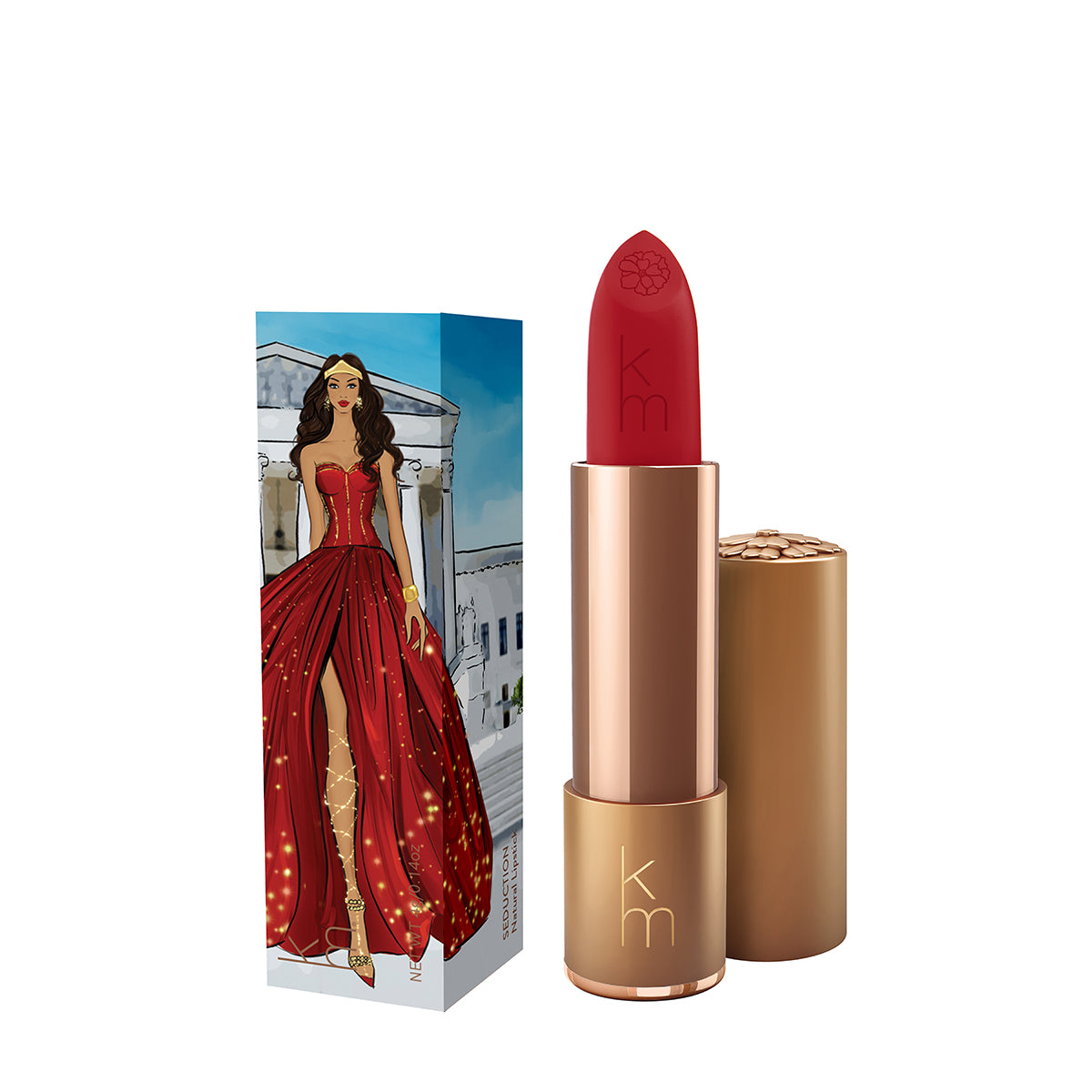 Karen Murrell natural lipstick deep red bullet with gold tube and illustrated red gown packaging