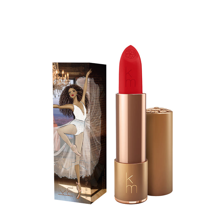 Karen Murrell natural lipstick vibrant red bullet in gold tube with embossed KM and ballerina illustrated box