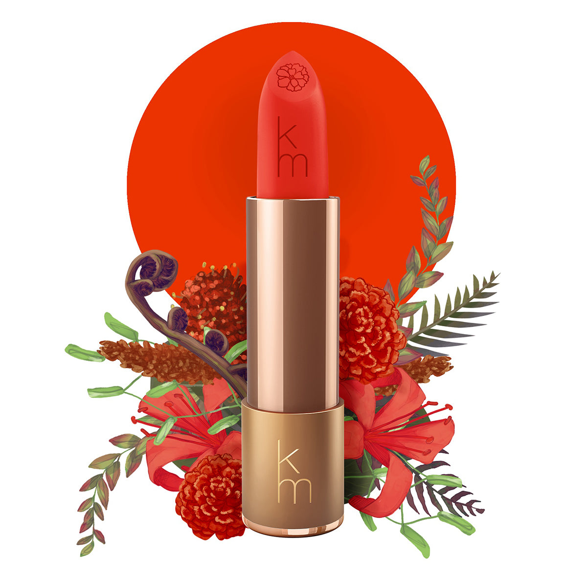 Karen Murrell natural lipstick vibrant red in gold tube embossed km with floral background and red circle