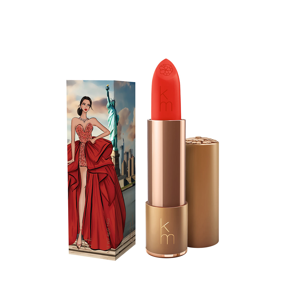 Karen Murrell natural lipstick coral red bullet in gold tube with cap and illustrated New York themed gift box