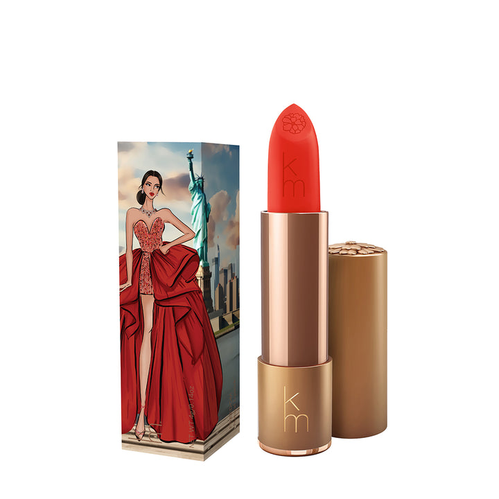 Karen Murrell natural lipstick coral red bullet in gold tube with cap and illustrated New York themed gift box