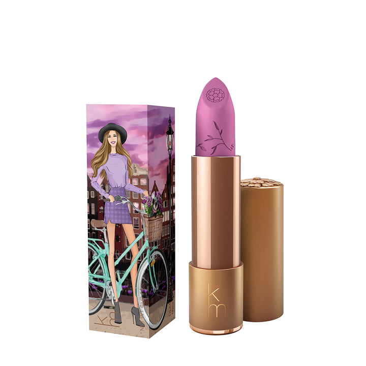 Karen Murrell natural lipstick light mauve in rose gold case with embossed floral bullet and illustrated box