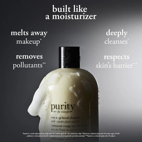 Philosophy purity facial cleanser bottle covered in foam highlighting deep cleansing and makeup removal