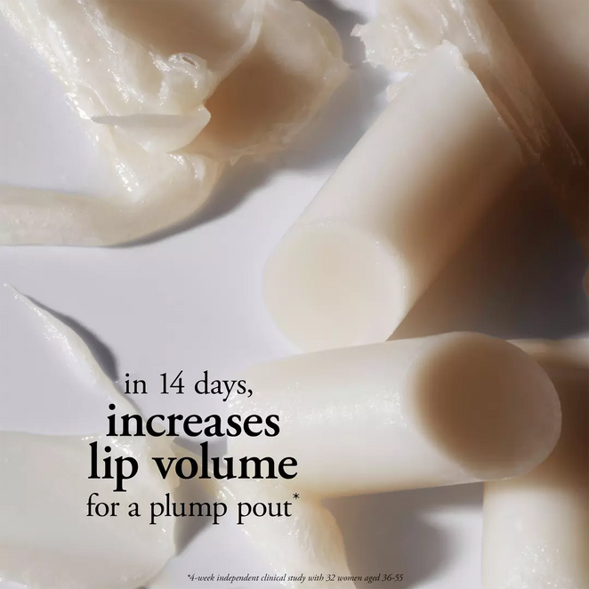 Philosophy lip serum showing smooth white balm sticks with text highlighting lip volume increase in 14 days