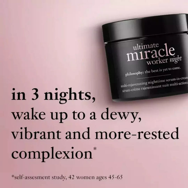 Philosophy ultimate miracle worker night serum for anti aging in black jar on pink background
