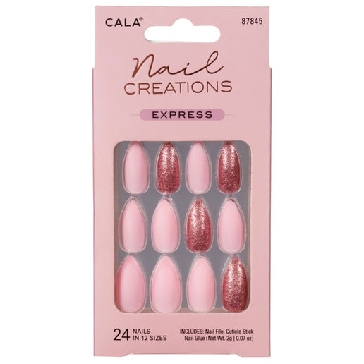 Cala press on nails with pink and glittery rose gold design 24 pieces in 12 sizes