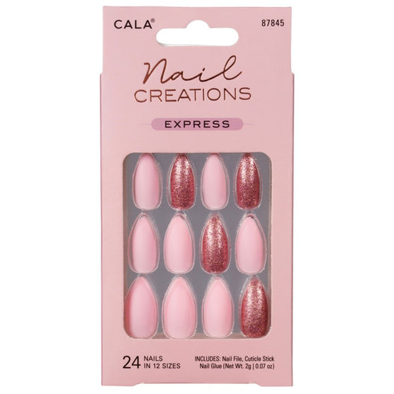 Cala press on nails with pink and glittery rose gold design 24 pieces in 12 sizes