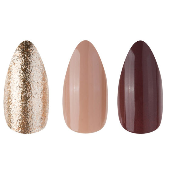 Three Cala press on nails in gold glitter, nude beige, and deep burgundy shades