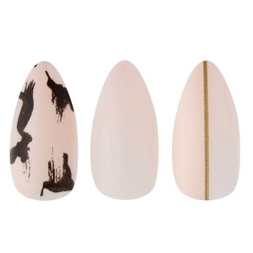 Cala press on nails set with abstract black design, solid nude, and nude with gold stripe accents