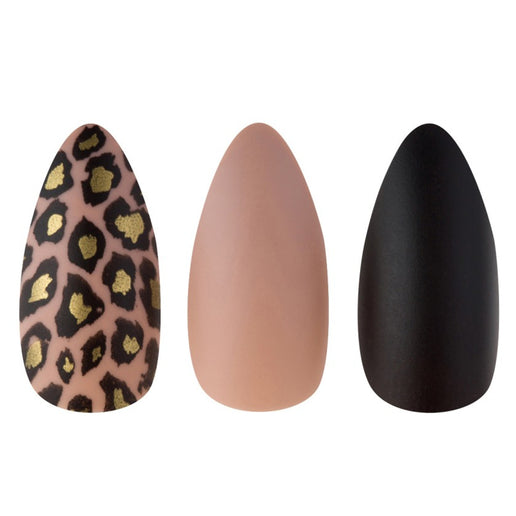 Set of Cala press on nails featuring leopard print, matte nude, and matte black designs