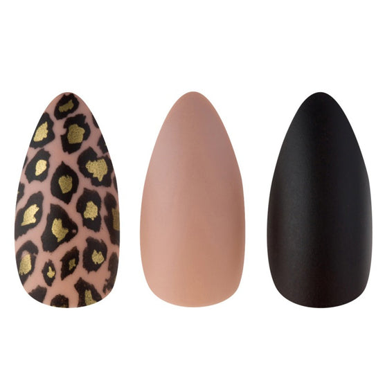 Set of Cala press on nails featuring leopard print, matte nude, and matte black designs