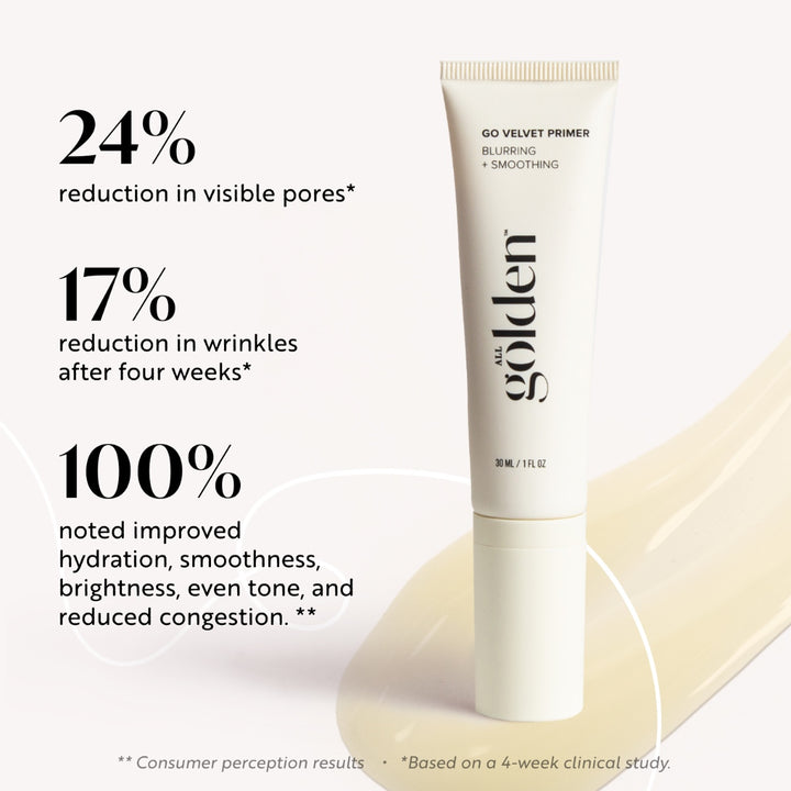 All Golden Go Velvet Primer 1 oz tube with blurring and smoothing benefits reducing pores and wrinkles